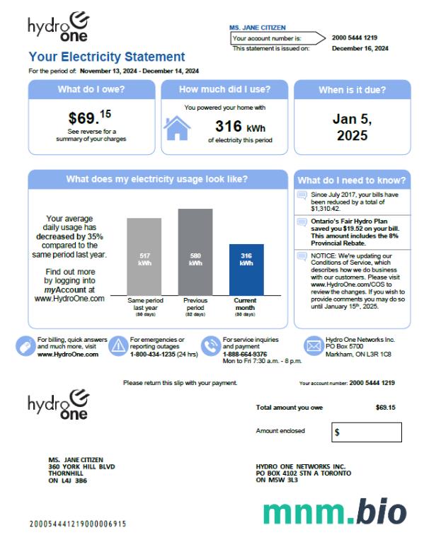 Szablon rachunku za media Canada Hydro One w formatach Word i PDF, Wersja 2